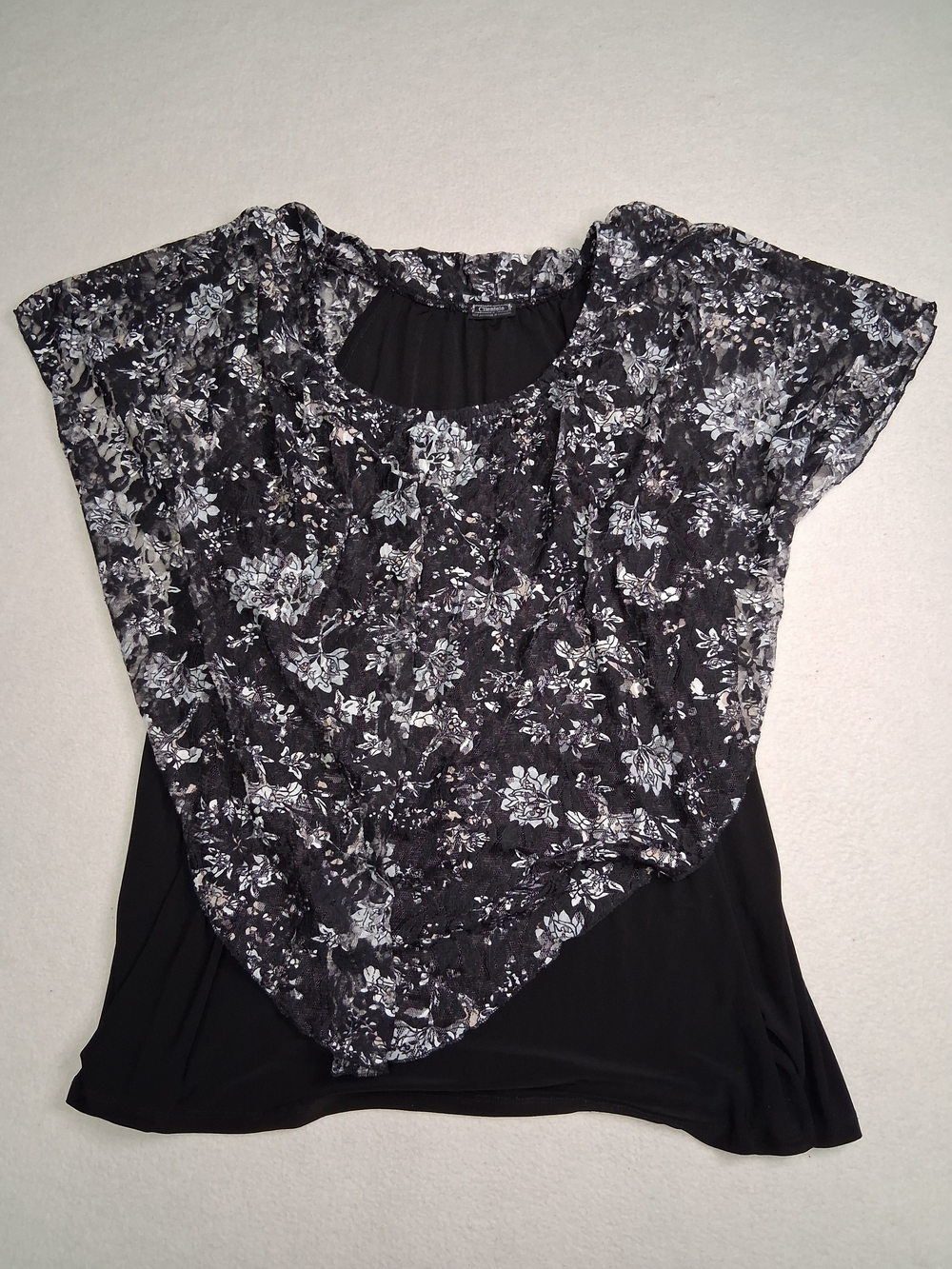 Clientele Black Floral Lace Overlay Short Sleeve Top